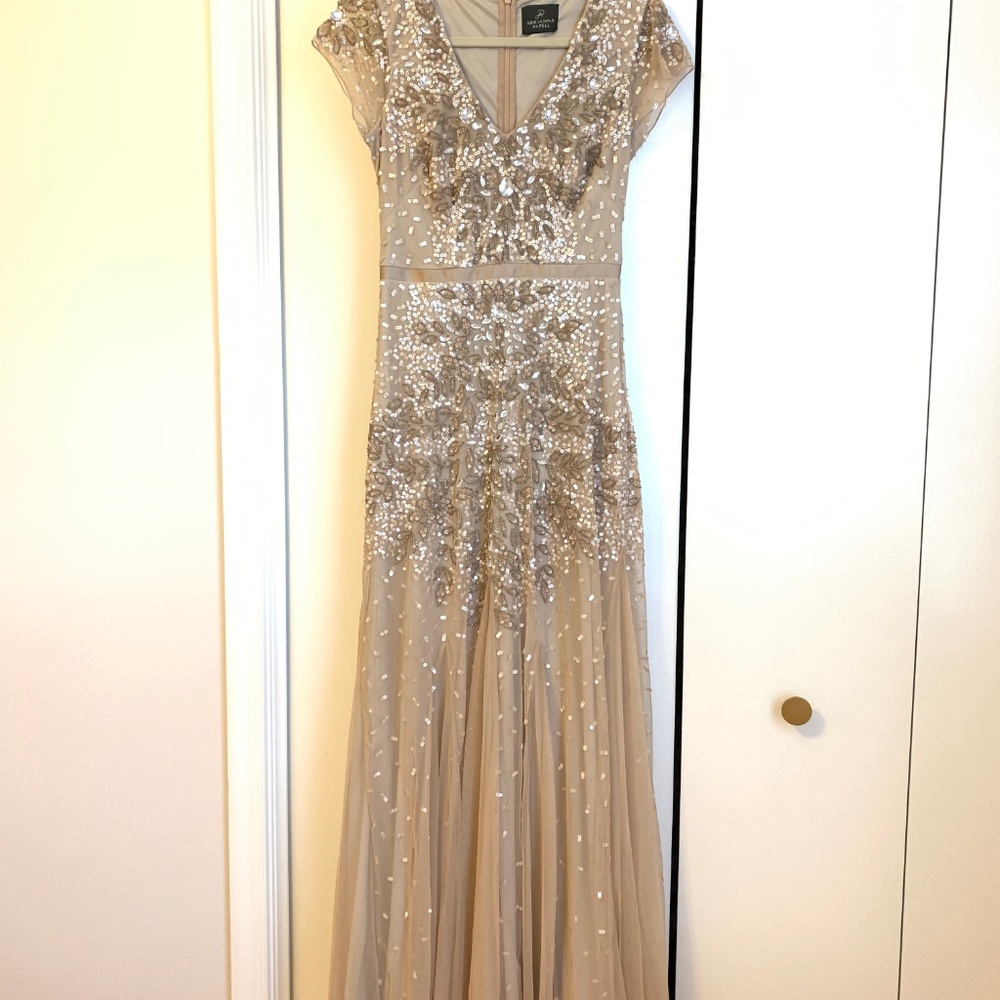 Adrianna Papell Beaded Mesh Cap Sleeve Gown